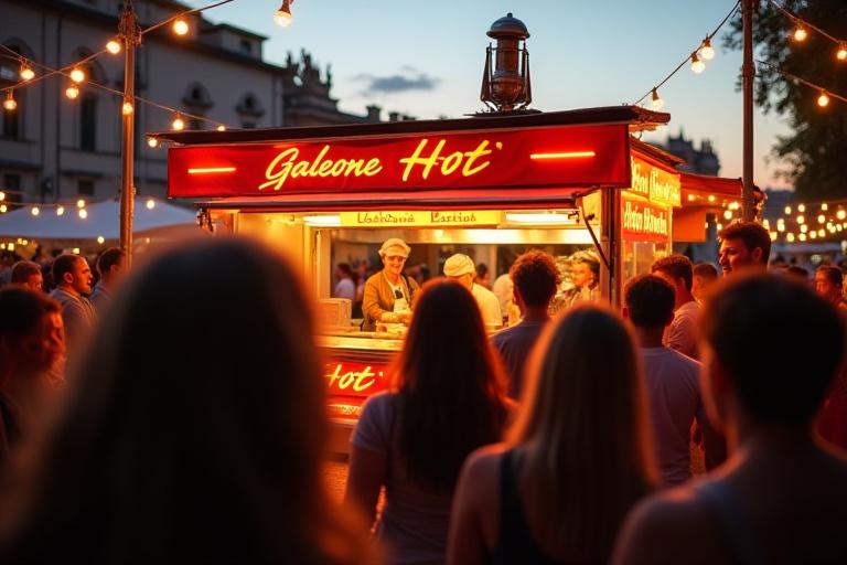 Folla al chiosco Galeone Hot durante un festival al Porto Antico di Genova