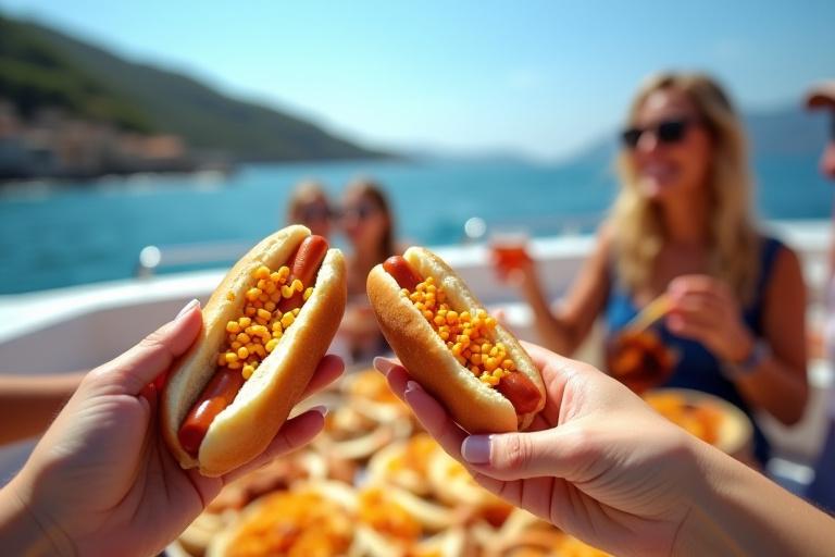 Ospiti che mangiano hot dog Galeone Hot su uno yacht